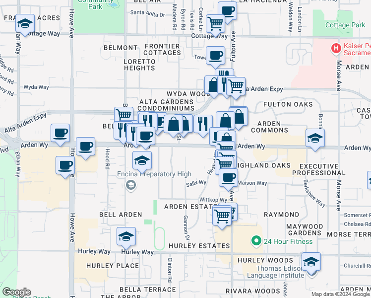 map of restaurants, bars, coffee shops, grocery stores, and more near 2410 Arden Way in Sacramento