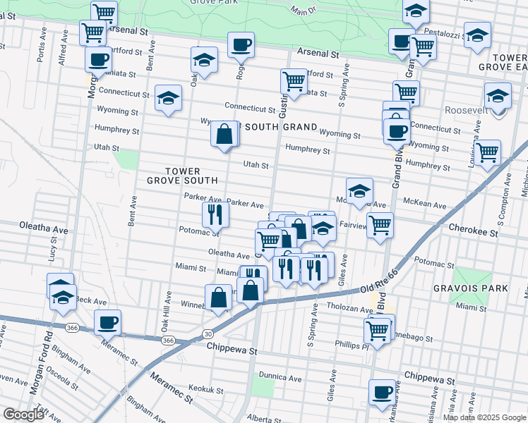 map of restaurants, bars, coffee shops, grocery stores, and more near 3890 McDonald Avenue in St. Louis
