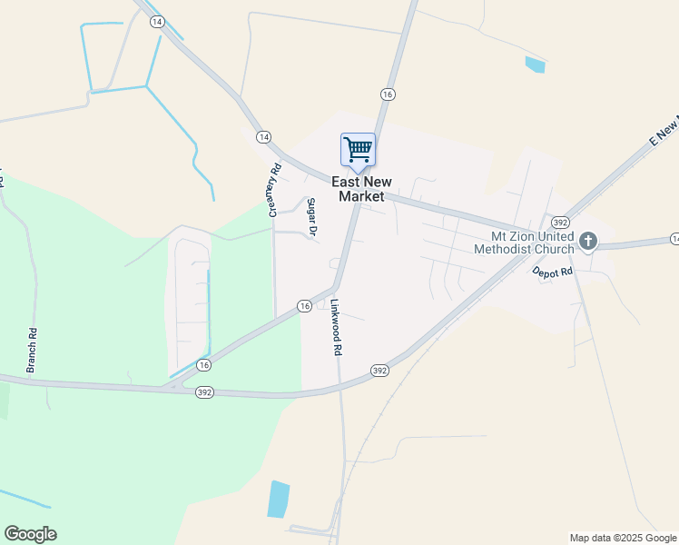 map of restaurants, bars, coffee shops, grocery stores, and more near 14 Highway 16 in East New Market