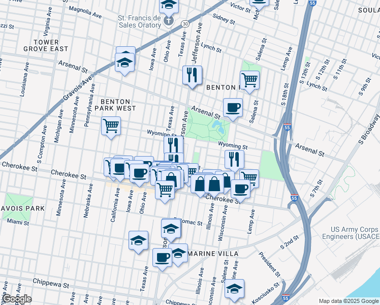 map of restaurants, bars, coffee shops, grocery stores, and more near 2222 Wyoming Street in St. Louis