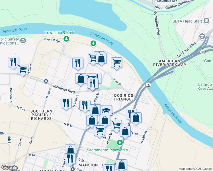 map of restaurants, bars, coffee shops, grocery stores, and more near 700 Dos Rios Street in Sacramento