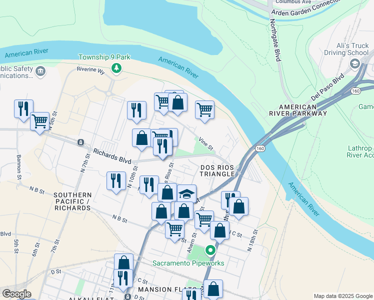 map of restaurants, bars, coffee shops, grocery stores, and more near 700 Dos Rios Street in Sacramento