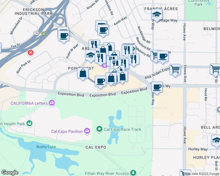 map of restaurants, bars, coffee shops, grocery stores, and more near in Sacramento