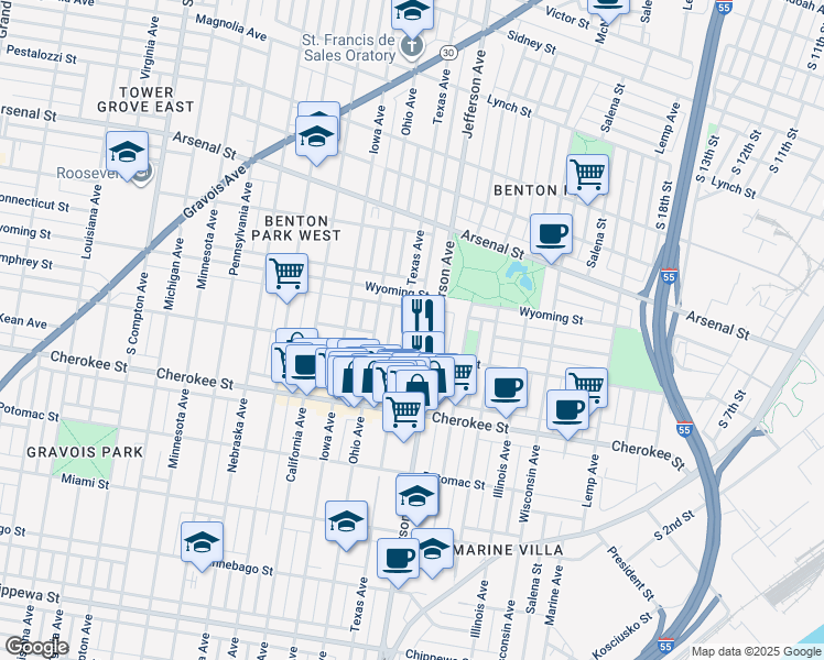 map of restaurants, bars, coffee shops, grocery stores, and more near 2638 Wyoming Street in St. Louis