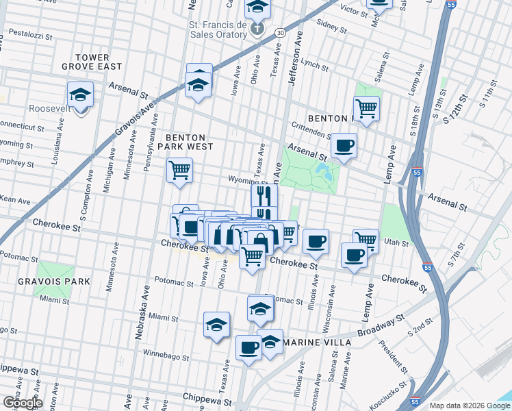 map of restaurants, bars, coffee shops, grocery stores, and more near 3236 Texas Avenue in St. Louis