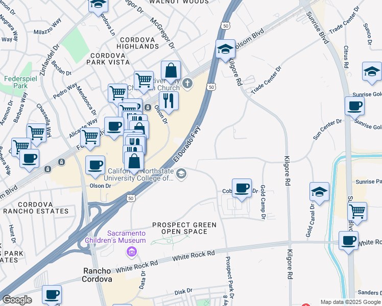 map of restaurants, bars, coffee shops, grocery stores, and more near El Dorado Fwy in Rancho Cordova