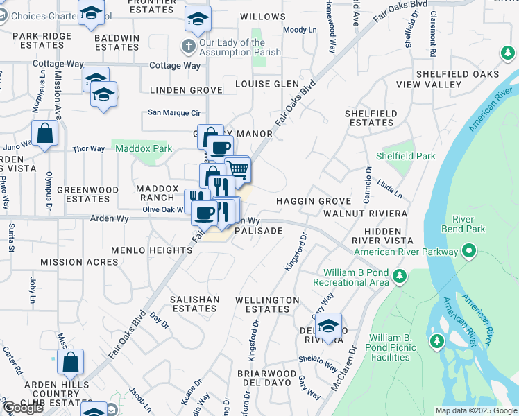 map of restaurants, bars, coffee shops, grocery stores, and more near 5216 Marione Drive in Carmichael