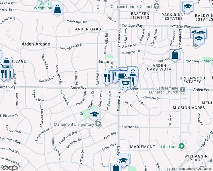 map of restaurants, bars, coffee shops, grocery stores, and more near 1720 Rolling Hills Road in Sacramento