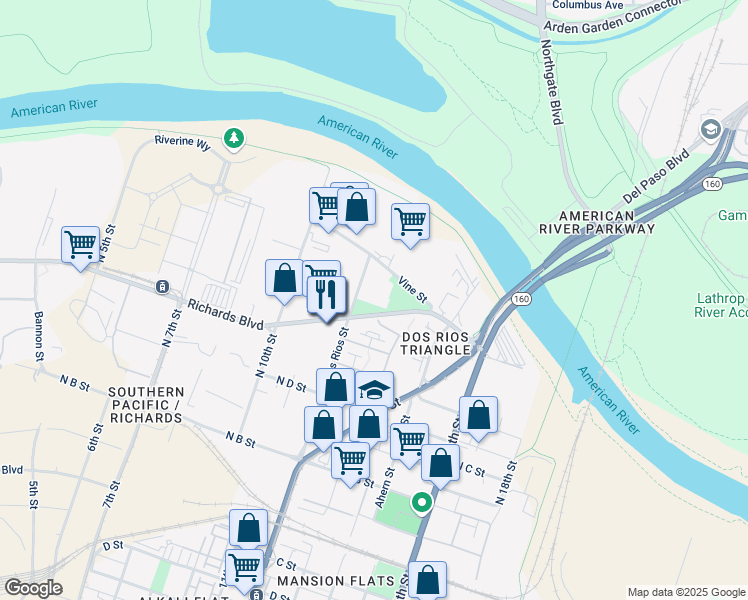 map of restaurants, bars, coffee shops, grocery stores, and more near 700 Dos Rios Street in Sacramento