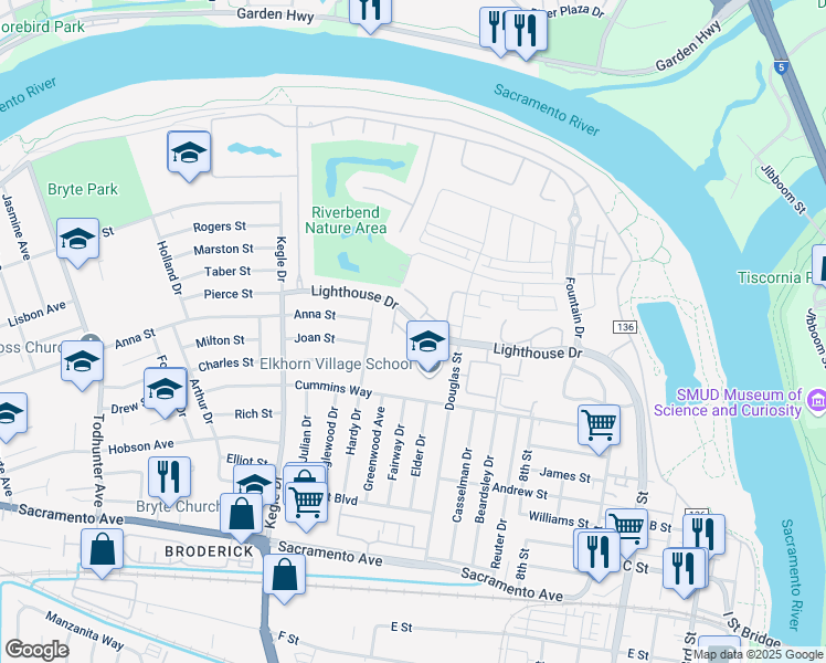 map of restaurants, bars, coffee shops, grocery stores, and more near 814 Lighthouse Drive in West Sacramento