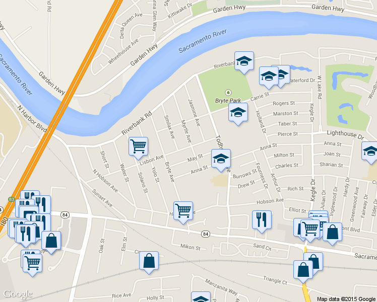 map of restaurants, bars, coffee shops, grocery stores, and more near 629 Smilax Avenue in West Sacramento