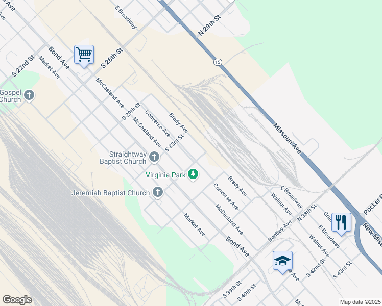 map of restaurants, bars, coffee shops, grocery stores, and more near 3404 Brady Avenue in East St. Louis