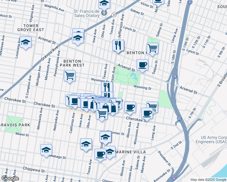 map of restaurants, bars, coffee shops, grocery stores, and more near 2612 Wyoming Street in St. Louis