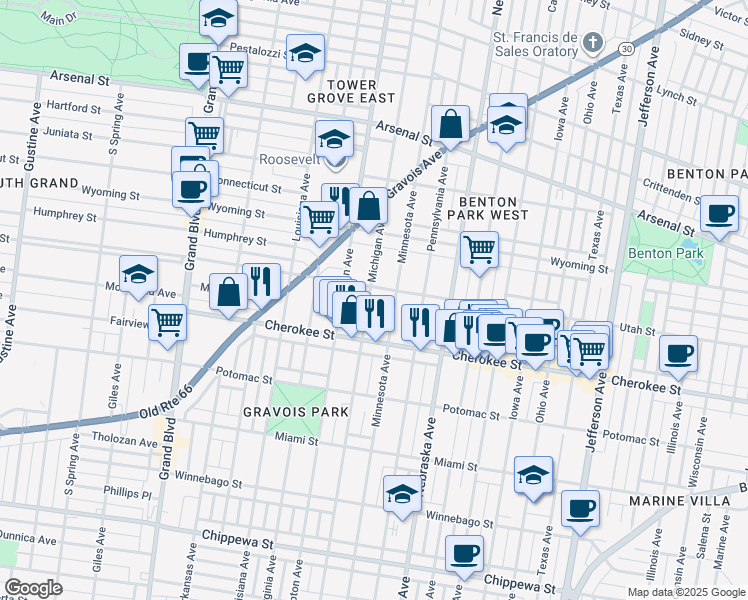 map of restaurants, bars, coffee shops, grocery stores, and more near 3259 Michigan Avenue in St. Louis