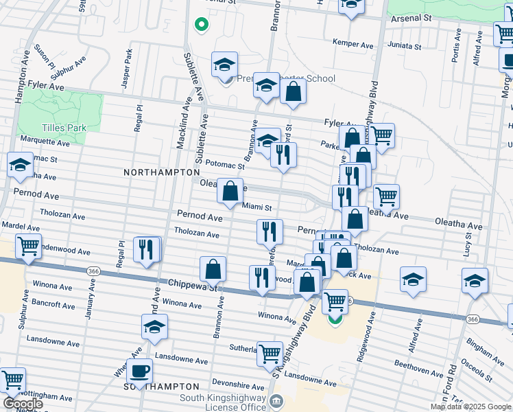 map of restaurants, bars, coffee shops, grocery stores, and more near 5046 Oleatha Avenue in St. Louis