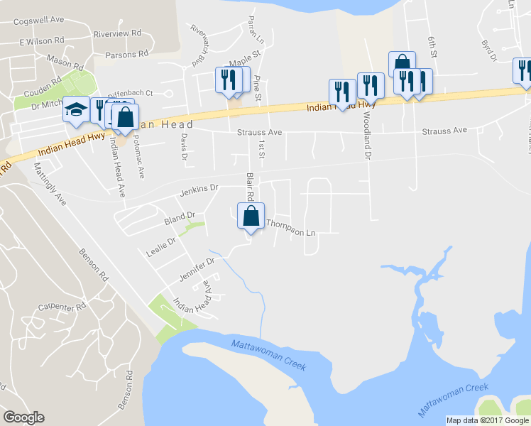 map of restaurants, bars, coffee shops, grocery stores, and more near 27 Meadowside Court in Indian Head