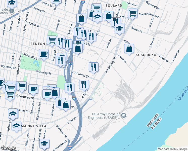 map of restaurants, bars, coffee shops, grocery stores, and more near 99 Busch Place in St. Louis