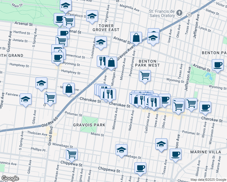 map of restaurants, bars, coffee shops, grocery stores, and more near 3259 Michigan Avenue in St. Louis