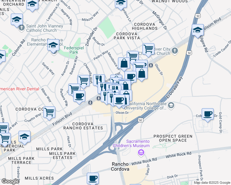map of restaurants, bars, coffee shops, grocery stores, and more near 10701 Folsom Blvd in Rancho Cordova