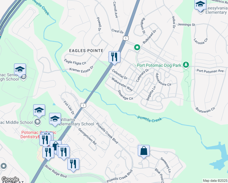 map of restaurants, bars, coffee shops, grocery stores, and more near 2838 Wakewater Way in Woodbridge