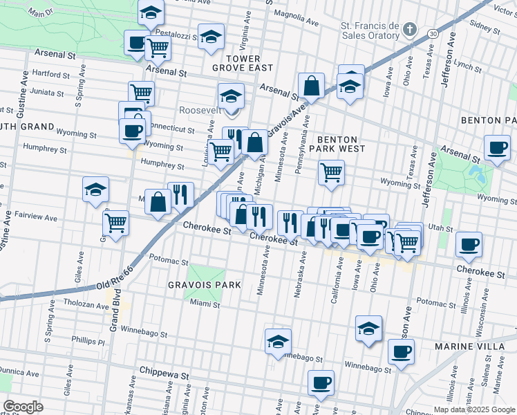 map of restaurants, bars, coffee shops, grocery stores, and more near 3259 Michigan Avenue in St. Louis