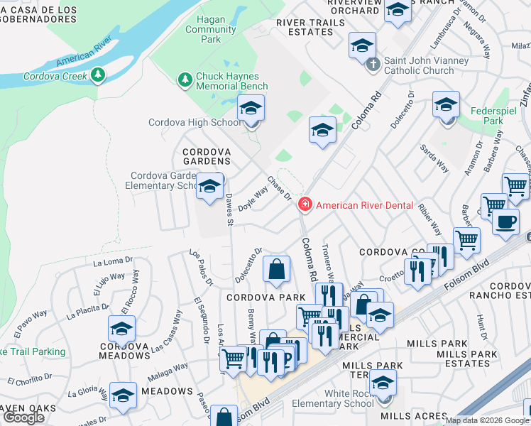 map of restaurants, bars, coffee shops, grocery stores, and more near 10352 Daniel Way in Rancho Cordova