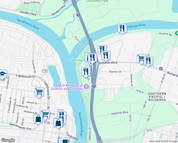 map of restaurants, bars, coffee shops, grocery stores, and more near 227 Jibboom Street in Sacramento