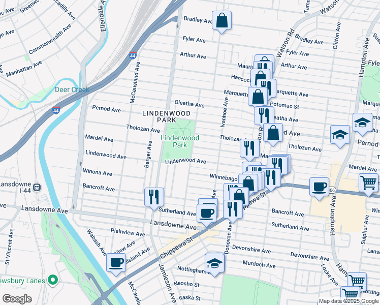map of restaurants, bars, coffee shops, grocery stores, and more near 3859 Prather Avenue in St. Louis