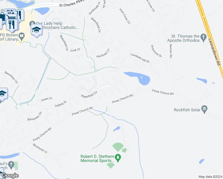 map of restaurants, bars, coffee shops, grocery stores, and more near 2436 Pimlico Court in Waldorf