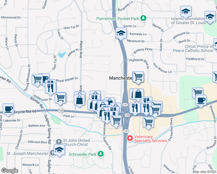 map of restaurants, bars, coffee shops, grocery stores, and more near 220 Creve Coeur Avenue in Ballwin