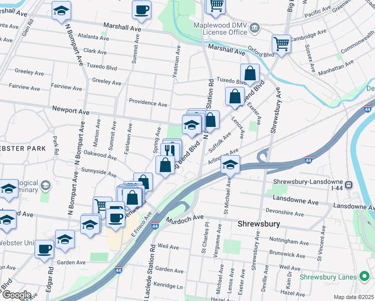 map of restaurants, bars, coffee shops, grocery stores, and more near 7835 Big Bend Boulevard in Webster Groves