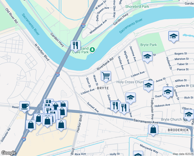 map of restaurants, bars, coffee shops, grocery stores, and more near 532 Solano Street in West Sacramento