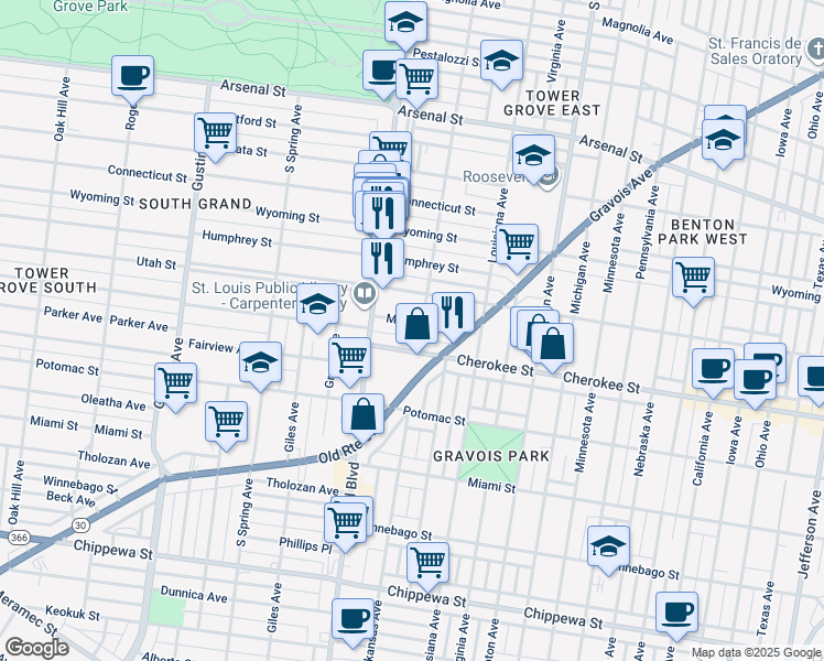map of restaurants, bars, coffee shops, grocery stores, and more near 3506 McKean Avenue in St. Louis