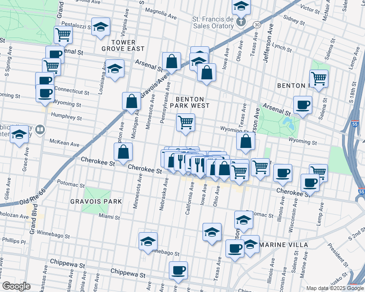 map of restaurants, bars, coffee shops, grocery stores, and more near 3257 Oregon Avenue in St. Louis