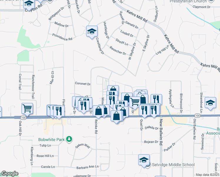 map of restaurants, bars, coffee shops, grocery stores, and more near 138 Burtonwood Drive in Ballwin