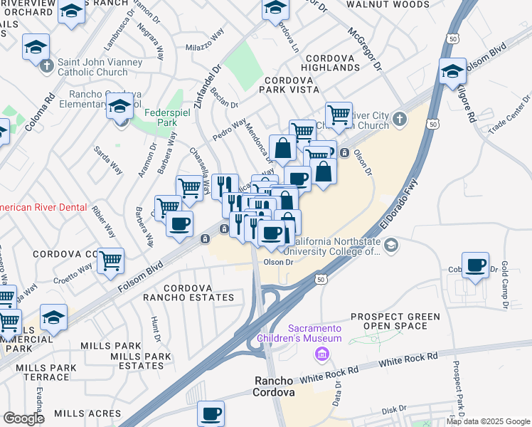 map of restaurants, bars, coffee shops, grocery stores, and more near 10701 Folsom Blvd in Rancho Cordova