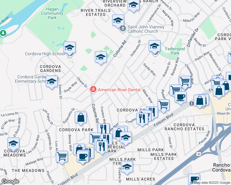 map of restaurants, bars, coffee shops, grocery stores, and more near 10452 Dolecetto Drive in Rancho Cordova