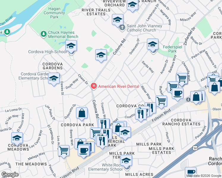 map of restaurants, bars, coffee shops, grocery stores, and more near 10452 Dolecetto Drive in Rancho Cordova