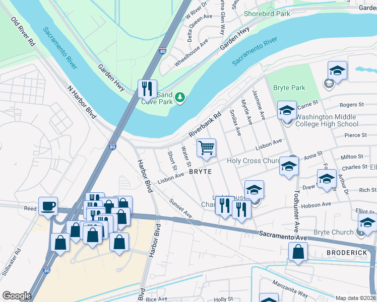 map of restaurants, bars, coffee shops, grocery stores, and more near 532 Solano Street in West Sacramento