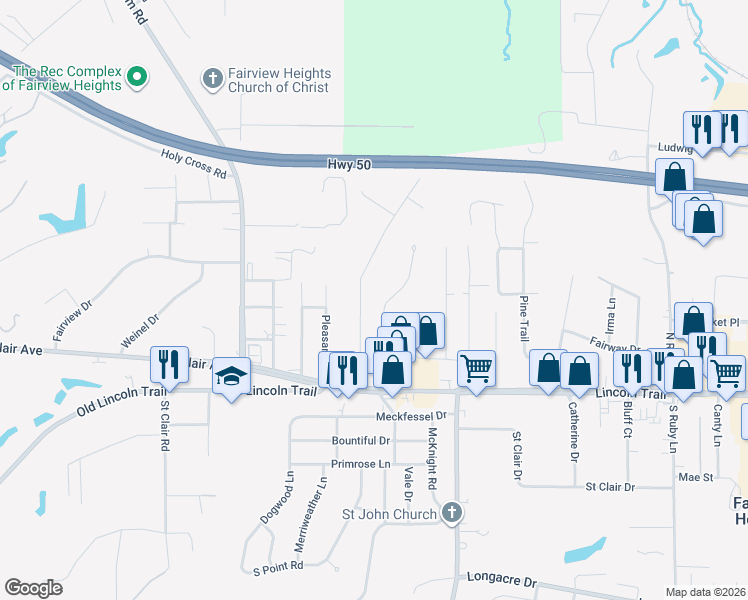 map of restaurants, bars, coffee shops, grocery stores, and more near in Fairview Heights