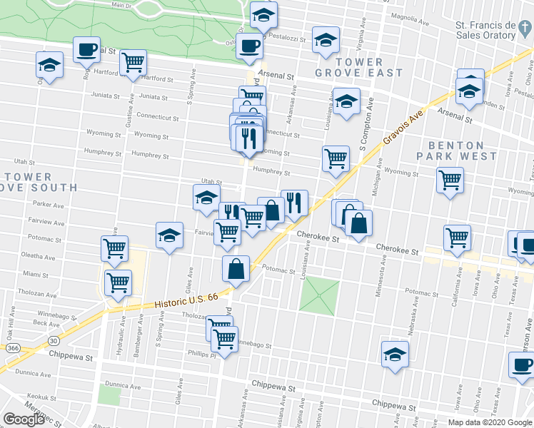 map of restaurants, bars, coffee shops, grocery stores, and more near 3505 McKean Avenue in St. Louis