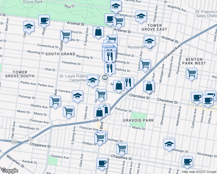 map of restaurants, bars, coffee shops, grocery stores, and more near 3322 South Grand Boulevard in St. Louis