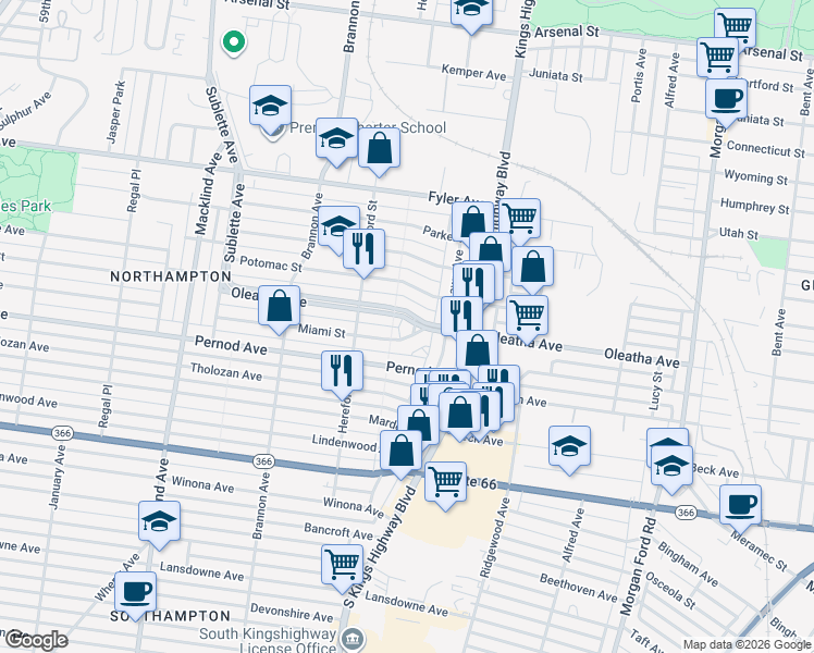 map of restaurants, bars, coffee shops, grocery stores, and more near 4978 Oleatha Avenue in St. Louis