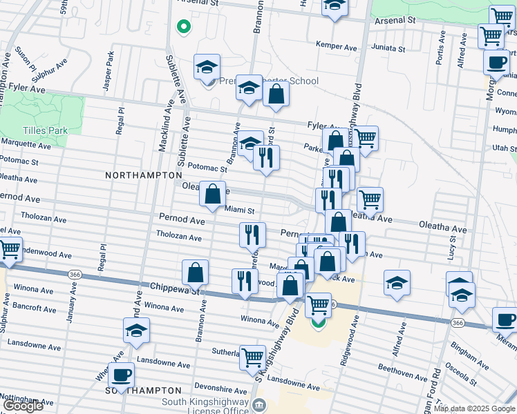 map of restaurants, bars, coffee shops, grocery stores, and more near 5008 Oleatha Avenue in St. Louis