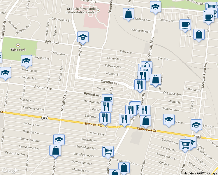 map of restaurants, bars, coffee shops, grocery stores, and more near 5008 Oleatha Avenue in St. Louis