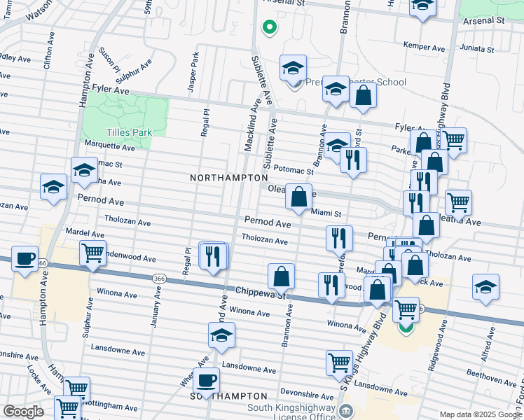 map of restaurants, bars, coffee shops, grocery stores, and more near 5301 Miami Street in St. Louis