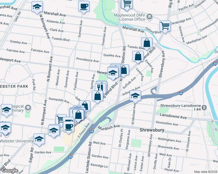 map of restaurants, bars, coffee shops, grocery stores, and more near 7835 Big Bend Boulevard in Webster Groves