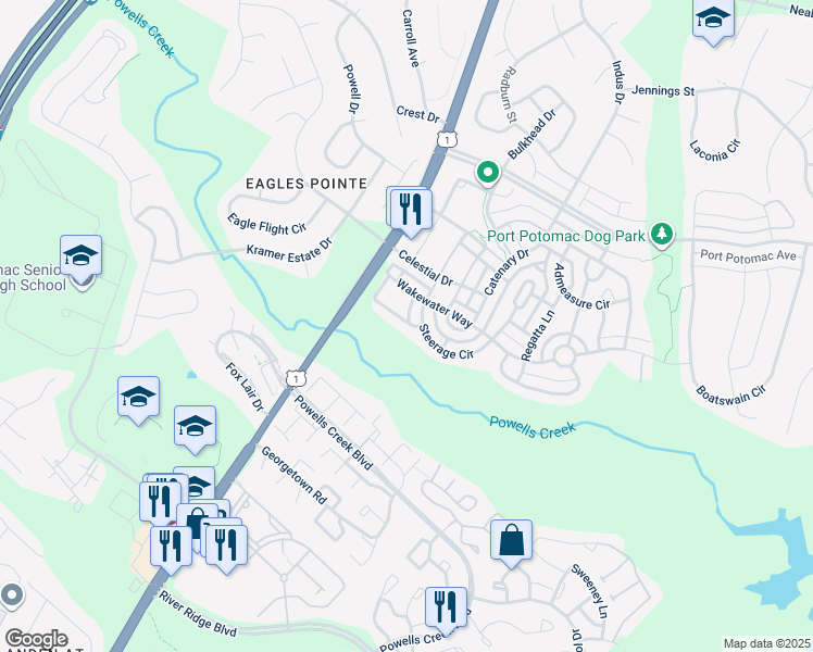 map of restaurants, bars, coffee shops, grocery stores, and more near 2838 Wakewater Way in Woodbridge