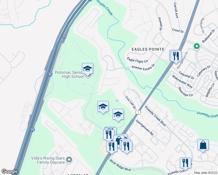 map of restaurants, bars, coffee shops, grocery stores, and more near 16485 Plumage Eagle Street in Woodbridge