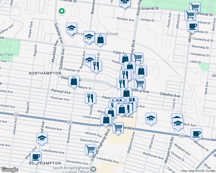 map of restaurants, bars, coffee shops, grocery stores, and more near 4978 Oleatha Avenue in St. Louis